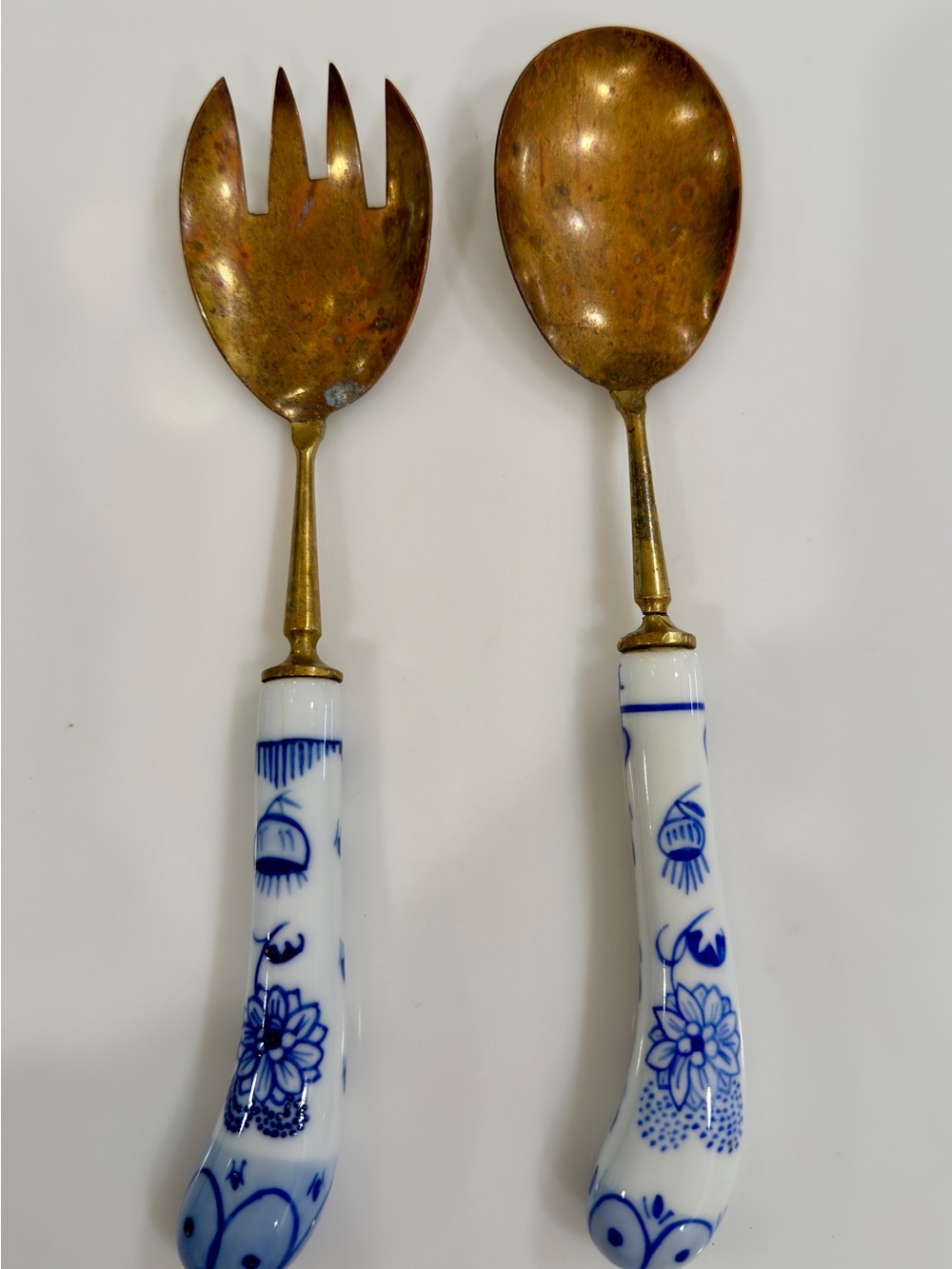 Meissen Style Blue Floral Porcelain Handle Salad Serving Set